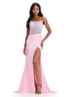 ASHLEYlauren 12087 | Ice-Pink jersey evening gown with fully beaded bodice, ruched side slit skirt, and sweeping train, ideal for prom dress and formal events