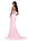 ASHLEYlauren 12087 | Ice-Pink jersey evening gown with fully beaded bodice, ruched side slit skirt, and sweeping train, ideal for prom dress and formal events