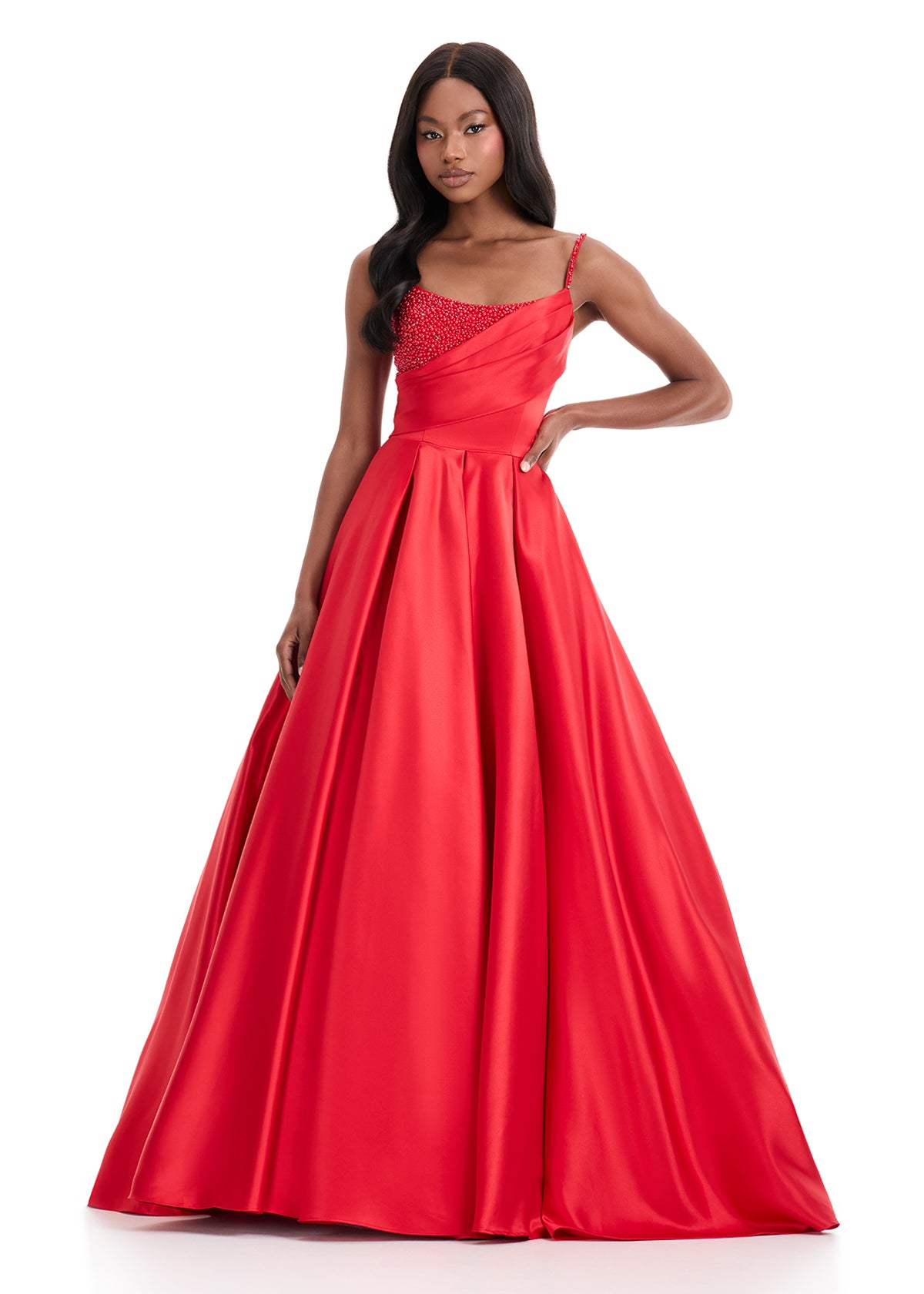 ASHLEYlauren 12086 – Beaded Bodice Satin Ball Gown with Train