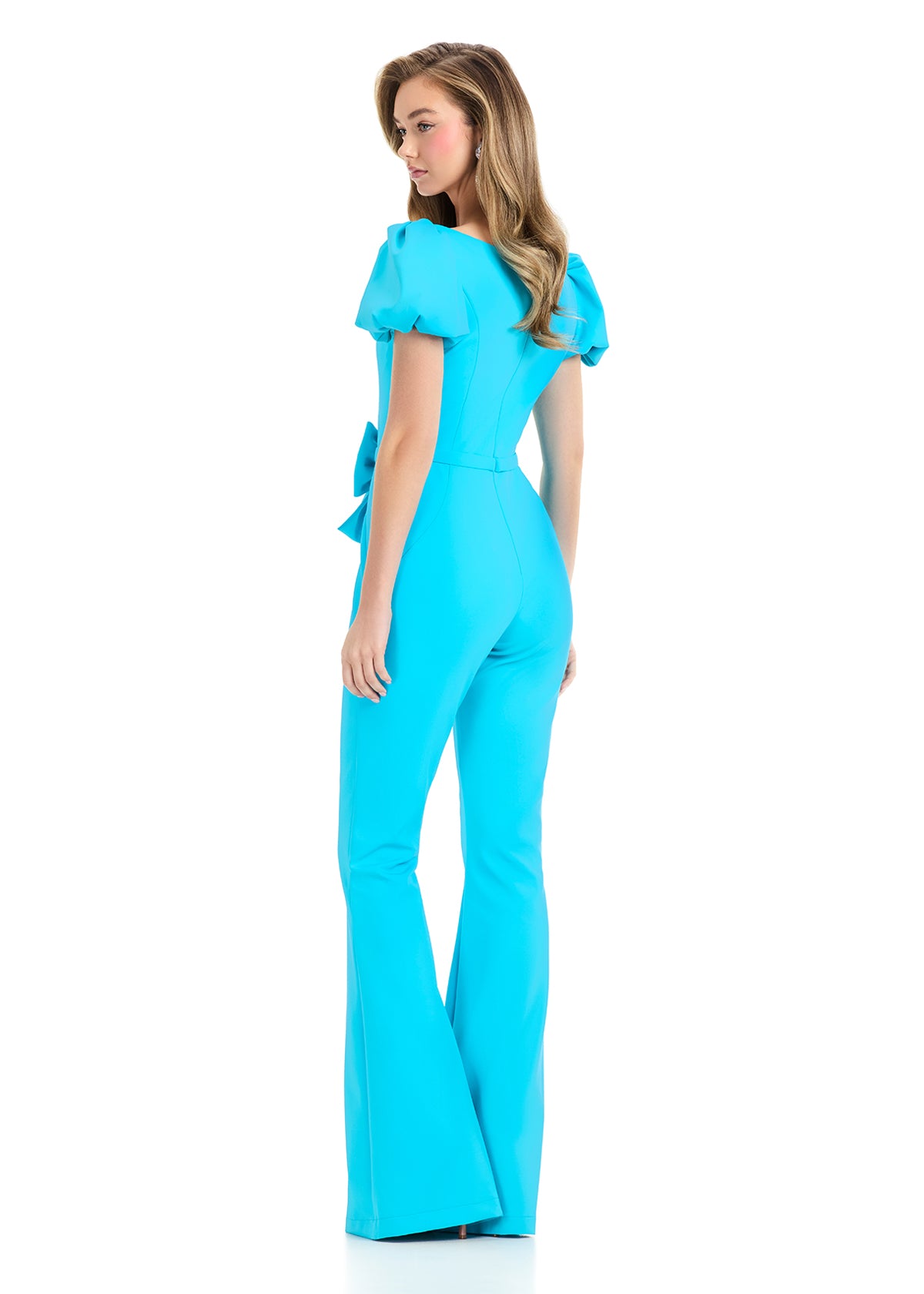 ASHLEYlauren 12089 – Scuba Jumpsuit with Puff Sleeves and Bow Detail