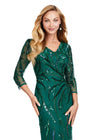 Dark Emerald ASHLEYlauren 11205 Sophisticated Fitted Gown with V-Neckline, Fully Sequin Beaded Design, Three Quarter Sleeves, High Back, and Sweep Train