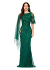 Dark Emerald ASHLEYlauren 11213 Elegant Hand Beaded Gown with Crew Neckline, Intricate Bead Motif, Asymmetrical Overlay Detail, and High Back