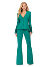 Dark Emerald ASHLEYlauren 11315 two-piece scuba suit featuring a V-neckline, dramatic sleeve details adorned with feathers and crystals, and flared pants for a bold and sophisticated look.