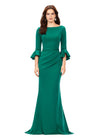 Dark Emerald ASHLEYlauren 11325 Timeless Evening Gown with Scoop Neckline, Flutter Three Quarter Length Sleeves, Ruched Detailing, and Flowing Sweep Train