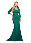 Dark Emerald ASHLEYlauren 11418 Elegant Fitted Scuba Gown with Classic Square Neckline, Three Quarter Length Sleeves, Tonal Waist Belt, and Mermaid Skirt