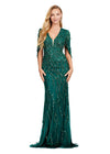 Dark Emerald ASHLEYlauren 11430 High Fashion Fully Beaded Fitted Gown with Elegant V-Neckline and Statement Cape Sleeves
