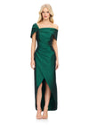Dark Emerald ASHLEYlauren 11719 Elegant Off Shoulder Taffeta Gown with Draped Ruched Bodice, Curve-Enhancing Wrap Skirt, and Centre Front Slit