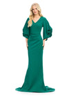 Dark Emerald ASHLEYlauren 11740 Timeless Fitted Scuba Gown with Elegant V-Neckline, Embellished Balloon Sleeves, Press On Stone Accents, and Wrap Skirt Design