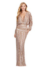 Dark Nude ASHLEYlauren 11490 Elegant Fully Beaded Gown with Deep V-Neckline, Flowing Dolman Sleeves, and Glamorous Silhouette