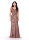 Dark Taupe ASHLEYlauren 11204 Elegant Fitted Gown with V-Neckline, V-Back, and Intricate Hand Beaded Detailing
