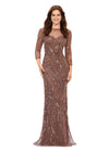 Dark Taupe ASHLEYlauren 11208 Elegant Evening Gown with Crew Neckline, Intricate Hand Beaded Design, Fitted Mesh Sleeves, and High Illusion Back