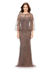Dark Taupe ASHLEYlauren 11211 Sophisticated Strapless Gown with Sweetheart Neckline, Floral Beaded Motif, and Detachable Crew Neckline Overlay