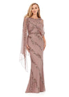 Dark Taupe ASHLEYlauren 11213 Elegant Hand Beaded Gown with Crew Neckline, Intricate Bead Motif, Asymmetrical Overlay Detail, and High Back