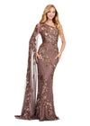 Dark Taupe ASHLEYlauren 11434 Elegant Fully Beaded Gown with One Shoulder Design and Statement Floor Length Sleeve for a Modern Twist on a Classic Look