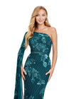 Dark Teal ASHLEYlauren 11434 Elegant Fully Beaded Gown with One Shoulder Design and Statement Floor Length Sleeve for a Modern Twist on a Classic Look