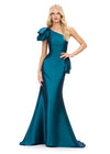 Dark Teal ASHLEYlauren 11722 Elegant One Shoulder Fitted Mermaid Gown in Taffeta with Statement Ruffles at Hip and Neckline and Ruched Bustier