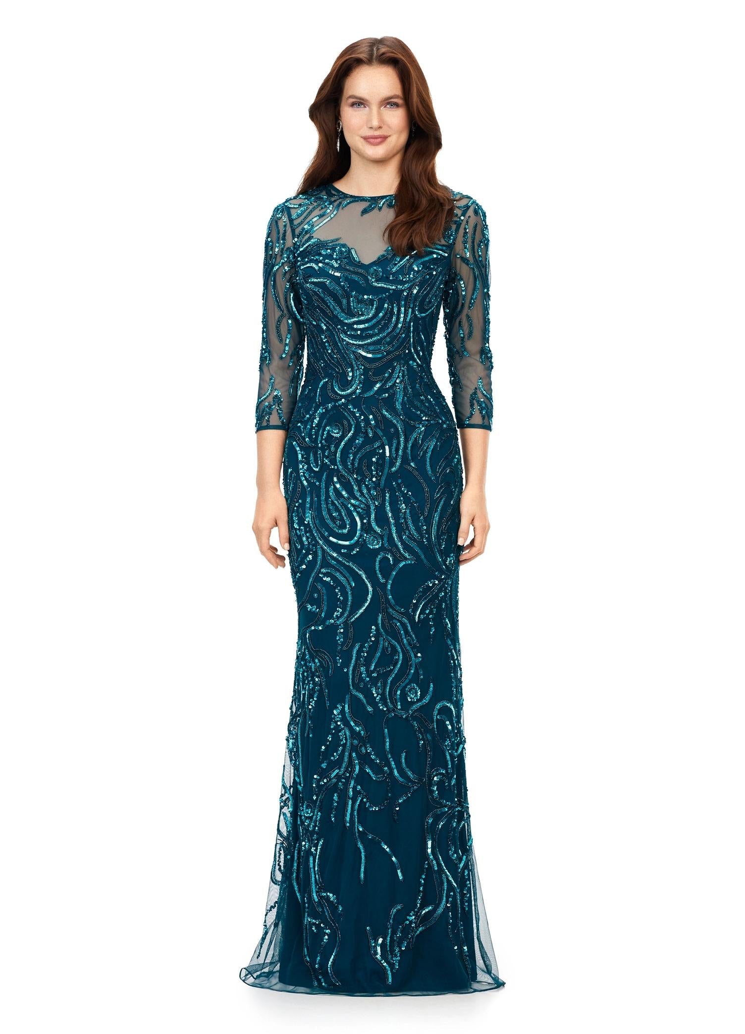 Dark teal ASHLEYlauren 11208 Elegant Evening Gown with Crew Neckline, Intricate Hand Beaded Design, Fitted Mesh Sleeves, and High Illusion Back