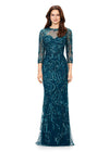 Dark teal ASHLEYlauren 11208 Elegant Evening Gown with Crew Neckline, Intricate Hand Beaded Design, Fitted Mesh Sleeves, and High Illusion Back