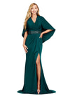 Deep Green ASHLEYlauren 11416 Elegant Crepe Gown with Ruched V-Neckline, Sparkling Beaded Belt, Modern Overlay, and Left Leg Slit