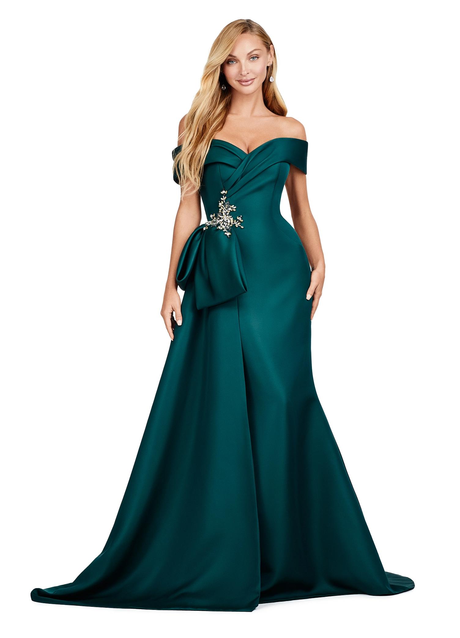 Deep Green ASHLEYlauren 11425 Elegant Off Shoulder Evening Gown in Double Faced Satin with Sparkling Beaded Accents and Flowing Side Overskirt