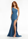 Denim ASHLEYlauren 11125 One-Shoulder Denim Gown with Illusion Cut-Out Waist, Crystal Embellishments, and Left Leg Slit