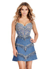 Denim ASHLEYlauren 4659 denim cocktail dress featuring a sweetheart neckline, delicate spaghetti straps, intricate beadwork, and an A-line skirt for a chic and standout look.