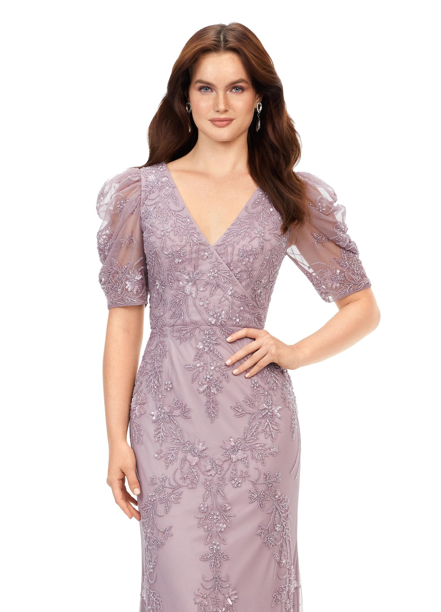 Dusty Mauve ASHLEYlauren 11234 Elegant Fully Beaded Gown with V-Neckline, Wrap Style Bustier, and Sheer Ruffled Puff Mesh Sleeves