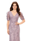 Dusty Mauve ASHLEYlauren 11234 Elegant Fully Beaded Gown with V-Neckline, Wrap Style Bustier, and Sheer Ruffled Puff Mesh Sleeves