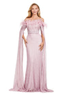 Dusty Rose ASHLEYlauren 11429 Glamorous Fully Beaded Off Shoulder Gown with Dramatic Floor Length Sleeves and Feather Accents