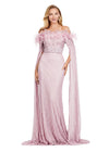 Dusty Rose ASHLEYlauren 11429 Glamorous Fully Beaded Off Shoulder Gown with Dramatic Floor Length Sleeves and Feather Accents