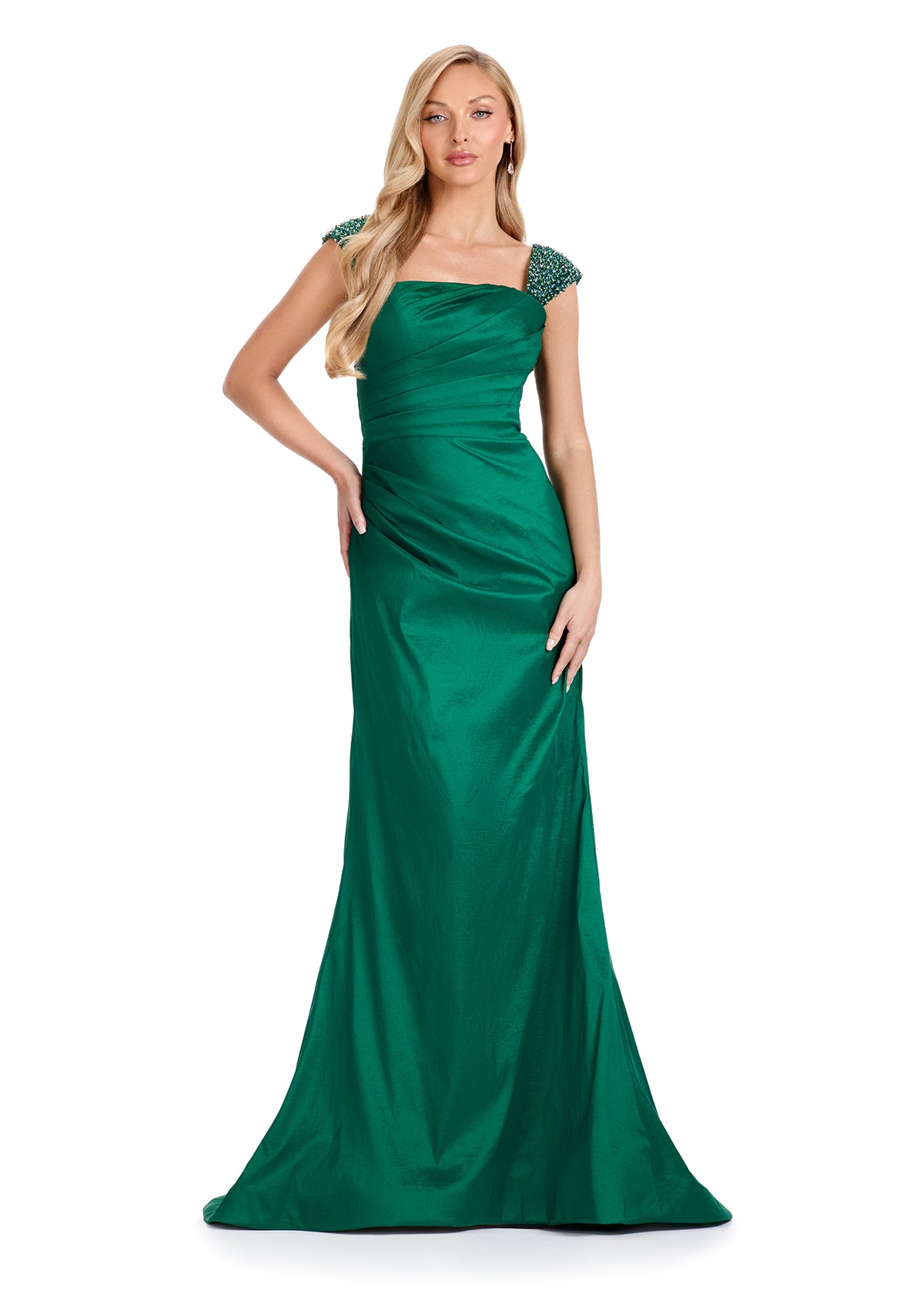 ASHLEYlauren E12096 – Beaded Cap Sleeve Taffeta Fit-and-Flare Gown