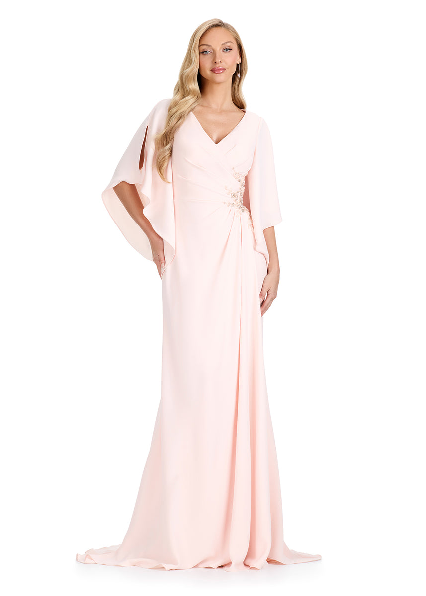 ASHLEYlauren E12101 Crepe Gown with Draped Sleeves