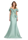 ASHLEYlauren E12103 | Sage off-shoulder Mikado mermaid gown with pleated neckline, crystal bow embellishment, and flared hem.