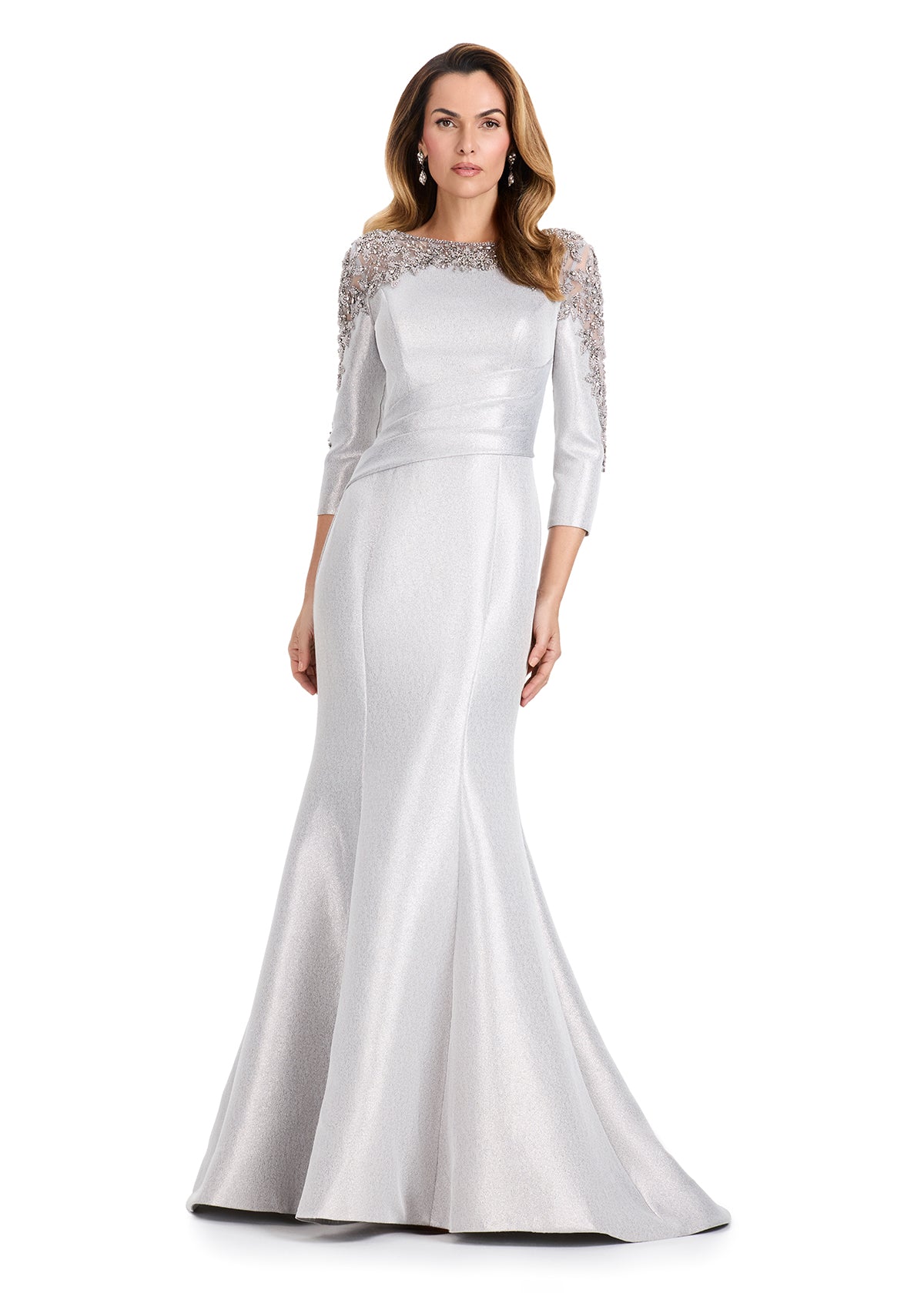 ASHLEYlauren E12115 – Silver Brocade Fishtail Capelet Gown