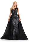 ASHLEYlauren E12117 | Black-Silver embroidered ball gown featuring floral detailing, one-shoulder bodice, and cascading full skirt.