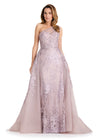 ASHLEYlauren E12117 | Dusty-Rose embroidered gown featuring floral appliqué, one-shoulder neckline, and voluminous tulle skirt.