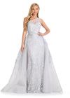 ASHLEYlauren E12117 | Silver embroidered gown featuring one-shoulder bodice, cascading tulle layers, and voluminous ball gown silhouette.