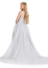 ASHLEYlauren E12117 | Silver one-shoulder embroidered ball gown with floral appliqué, layered tulle skirt, and dramatic train.