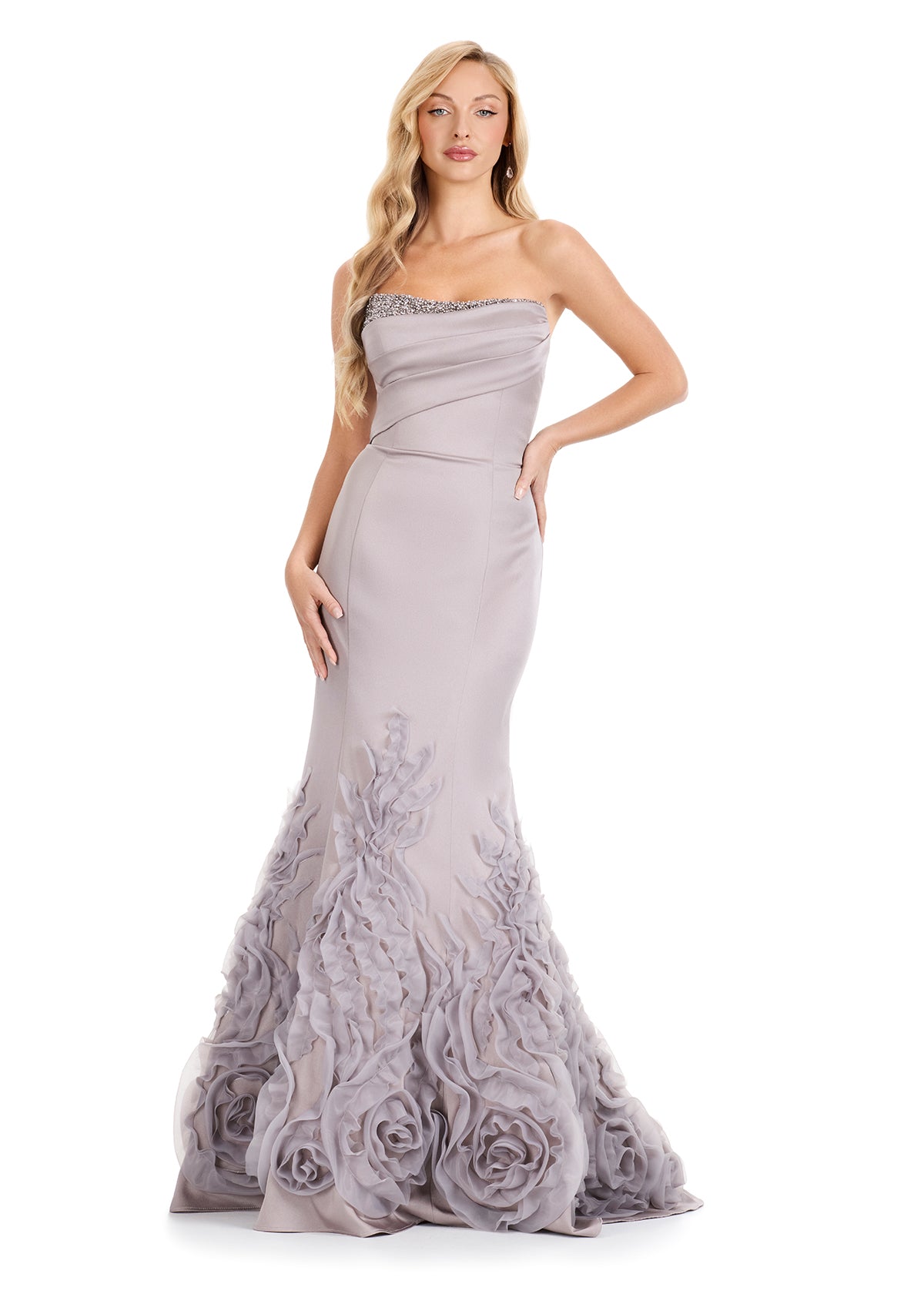 ASHLEYlauren E12123 Satin Gown with Sheer Appliqué Cape