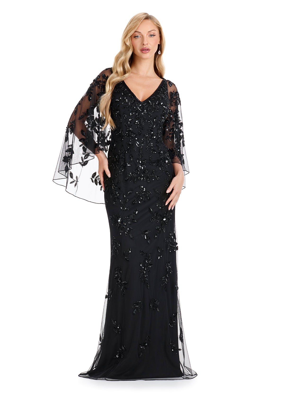 ASHLEYlauren E12128 Beaded Gown with Bell Sleeves