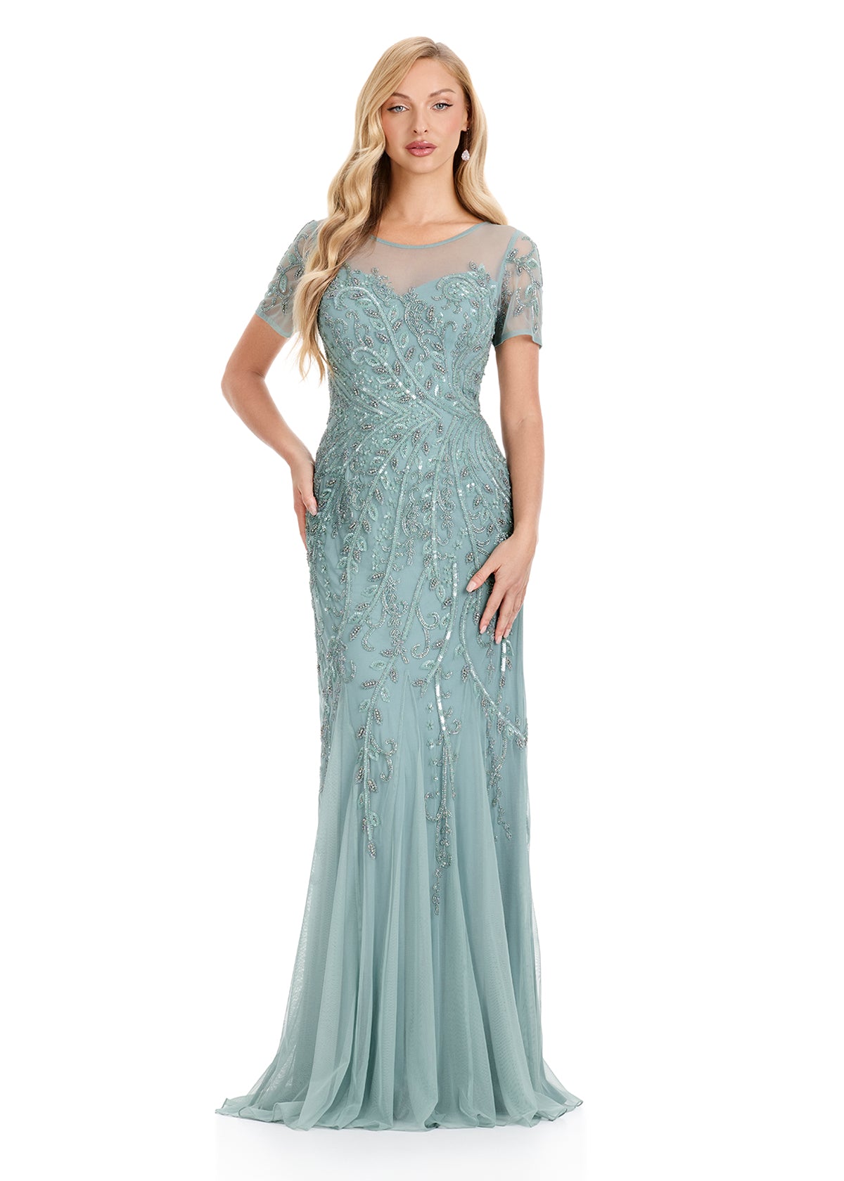 ASHLEYlauren E12142 Fully Beaded Evening Gown