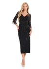 ASHLEYlauren E12143 Dress | Black beaded cocktail gown featuring sheer long sleeves and a fitted sheath design that combines classic sophistication with modern sparkle.