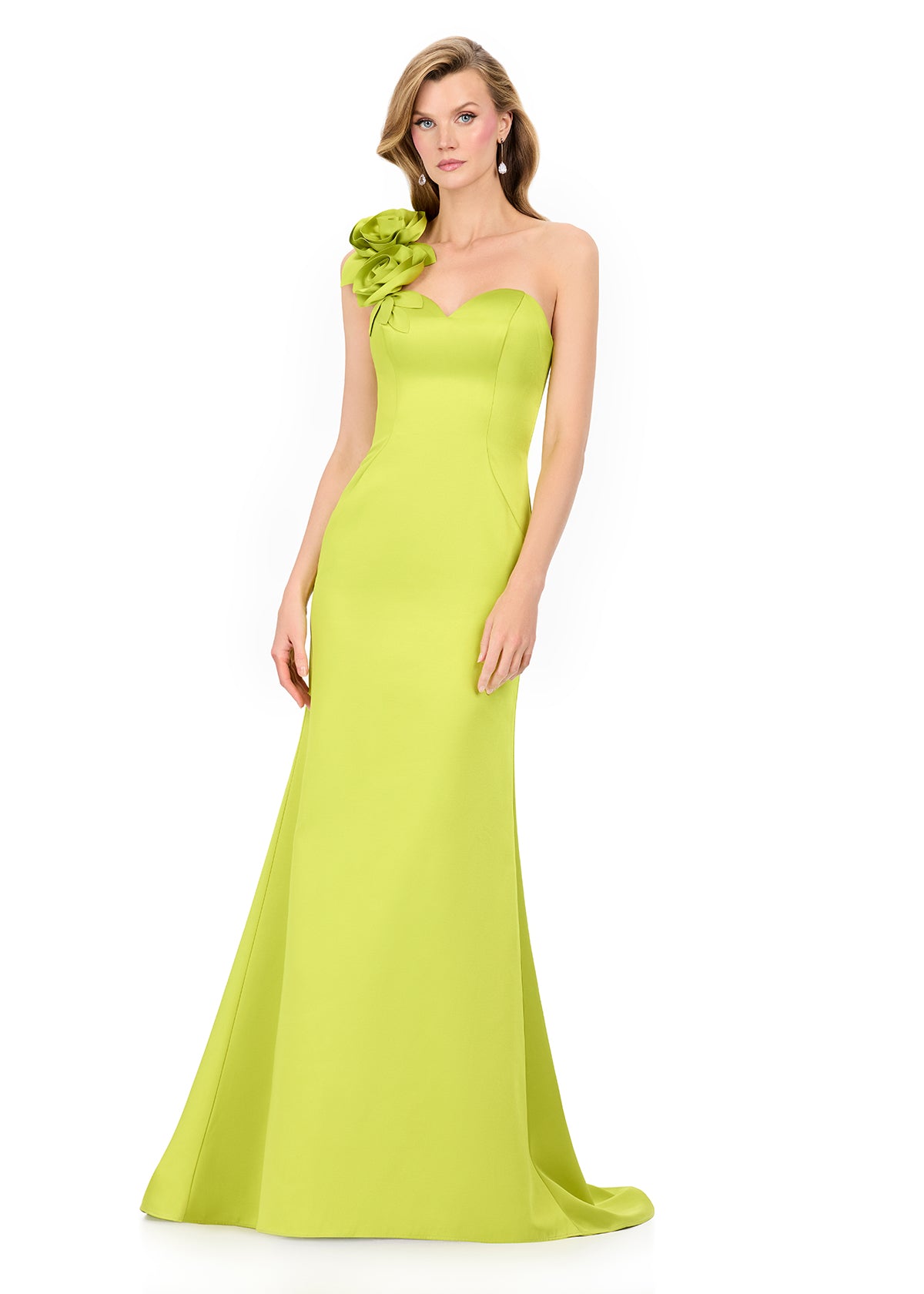 chartreuse dress formal ASHLEYlauren E12158 – Satin One-Shoulder Floral Appliqué Gown