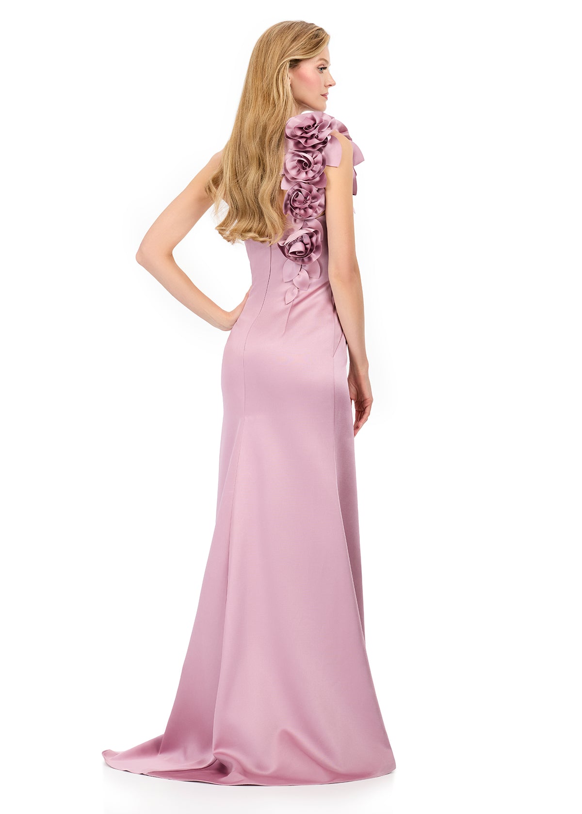ASHLEYlauren E12158 – Satin One-Shoulder Floral Appliqué Gown