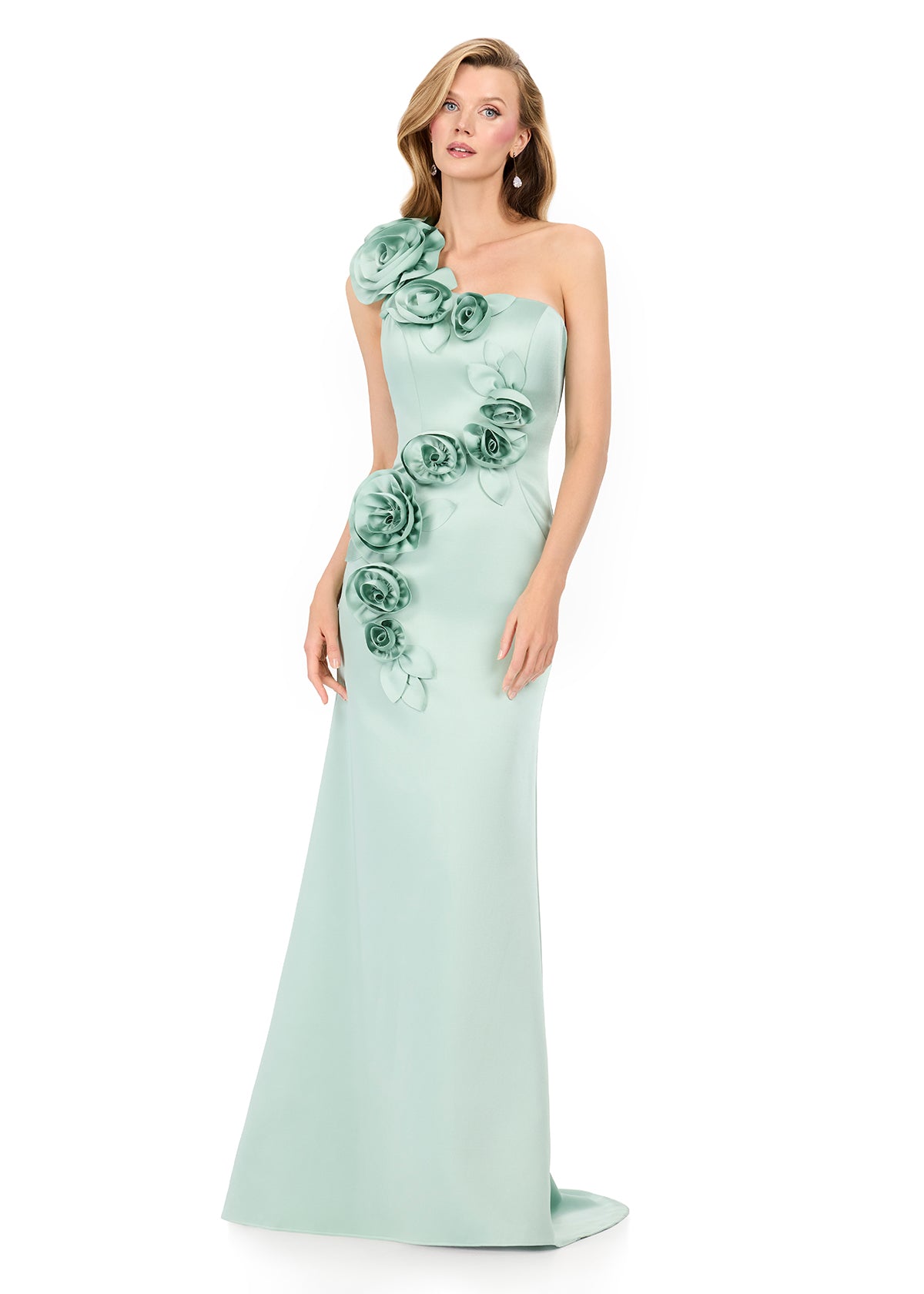 ASHLEYlauren E12159 – Satin One-Shoulder Floral Appliqué Gown