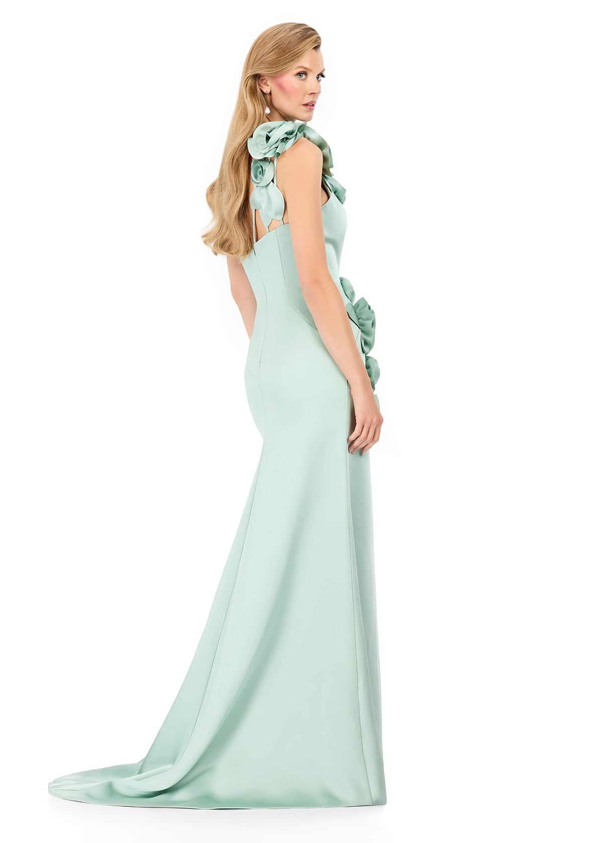 ASHLEYlauren E12159 – Satin One-Shoulder Floral Appliqué Gown