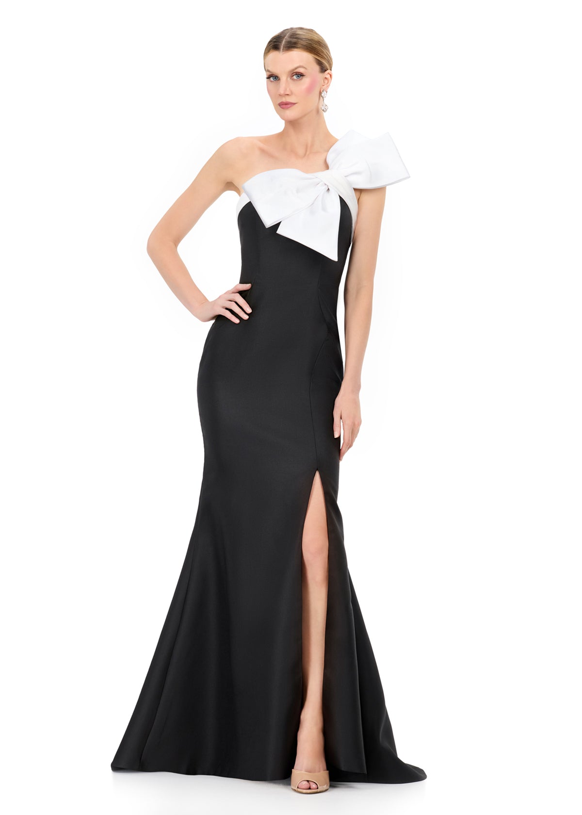 ASHLEYlauren E12325  Mikado One-Shoulder Bow Gown