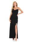 ASHLEYlauren E4821 | Black stretch glitter evening gown featuring strapless neckline, gathered waist, and elegant side slit.