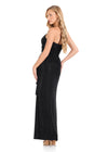 ASHLEYlauren E4821 | Black strapless glitter gown with ruching, side ruffle detail, and floor-length fitted silhouette.