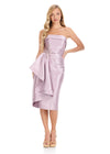 ASHLEYlauren E4909 | Dusty-Rose satin cocktail dress featuring structured silhouette, strapless neckline, and sparkling waist brooch.